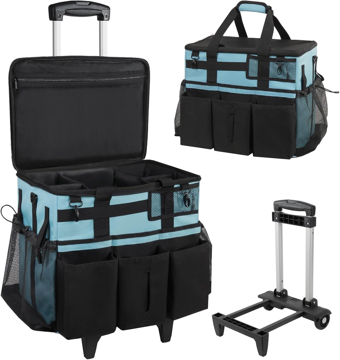 SCAVATA Rolling Cleaning Caddy Bag with Detachable Trolley, Large Cleaning Supplies Organizer with Wheels, Multi Pocket Cleaning Cart with Adjustable Shoulder Strap for Housekeepers & Home Use, Black