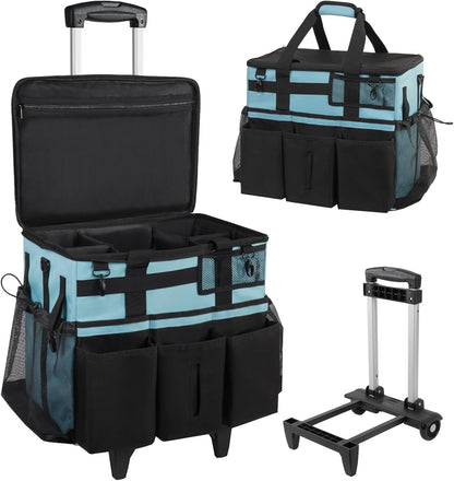 SCAVATA Rolling Cleaning Caddy Bag with Detachable Trolley, Large Cleaning Supplies Organizer with Wheels, Multi Pocket Cleaning Cart with Adjustable Shoulder Strap for Housekeepers & Home Use, Black