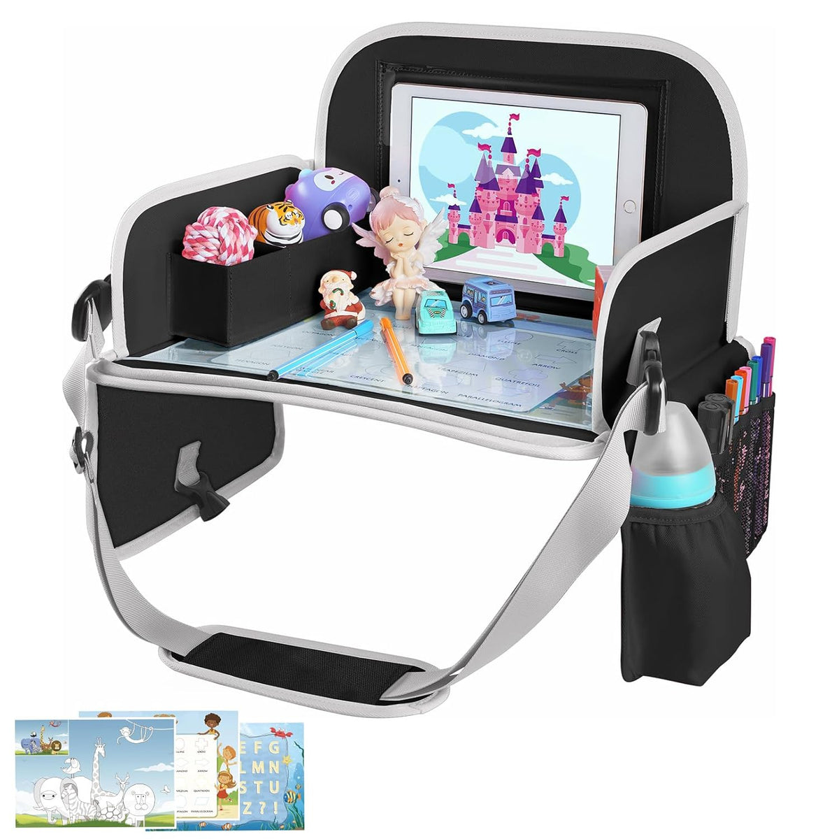 MENZOKE Kids Travel Tray for Toddler Car Seat, Road Trip Activities for Kids with iPad Holder Stand & Dry Erase Board, Road Trip Essentials Accessories Lap Tray as Travel Gifts for Kid, Pink