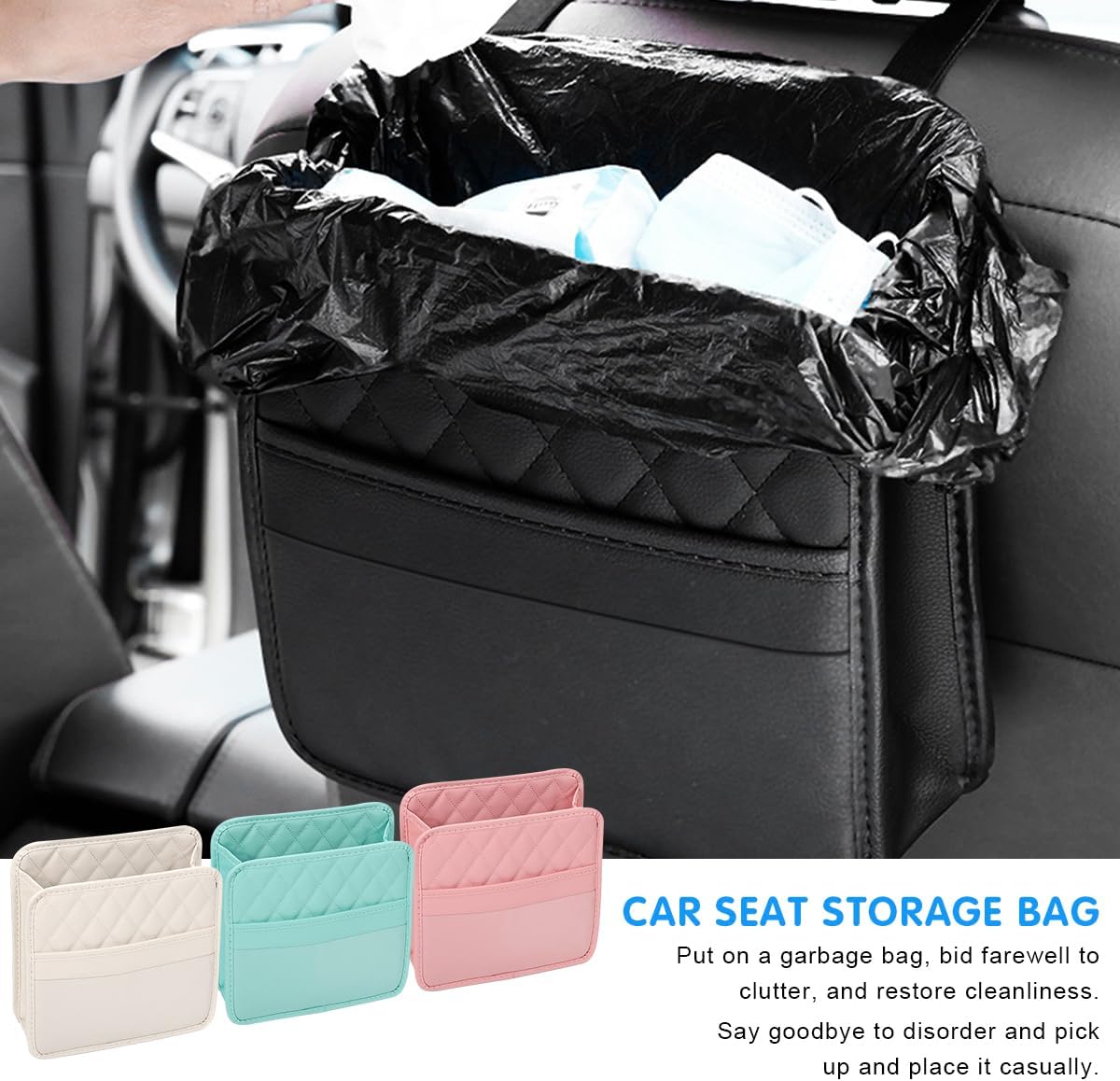 Mandark Car Seat Back Organizer, PU Leather Vehicle Backseat Hanging Storage Pocket, Multipurpose Auto Travel Essentials Accessories for Kids & Adults, Universal for Most Cars (Black)
