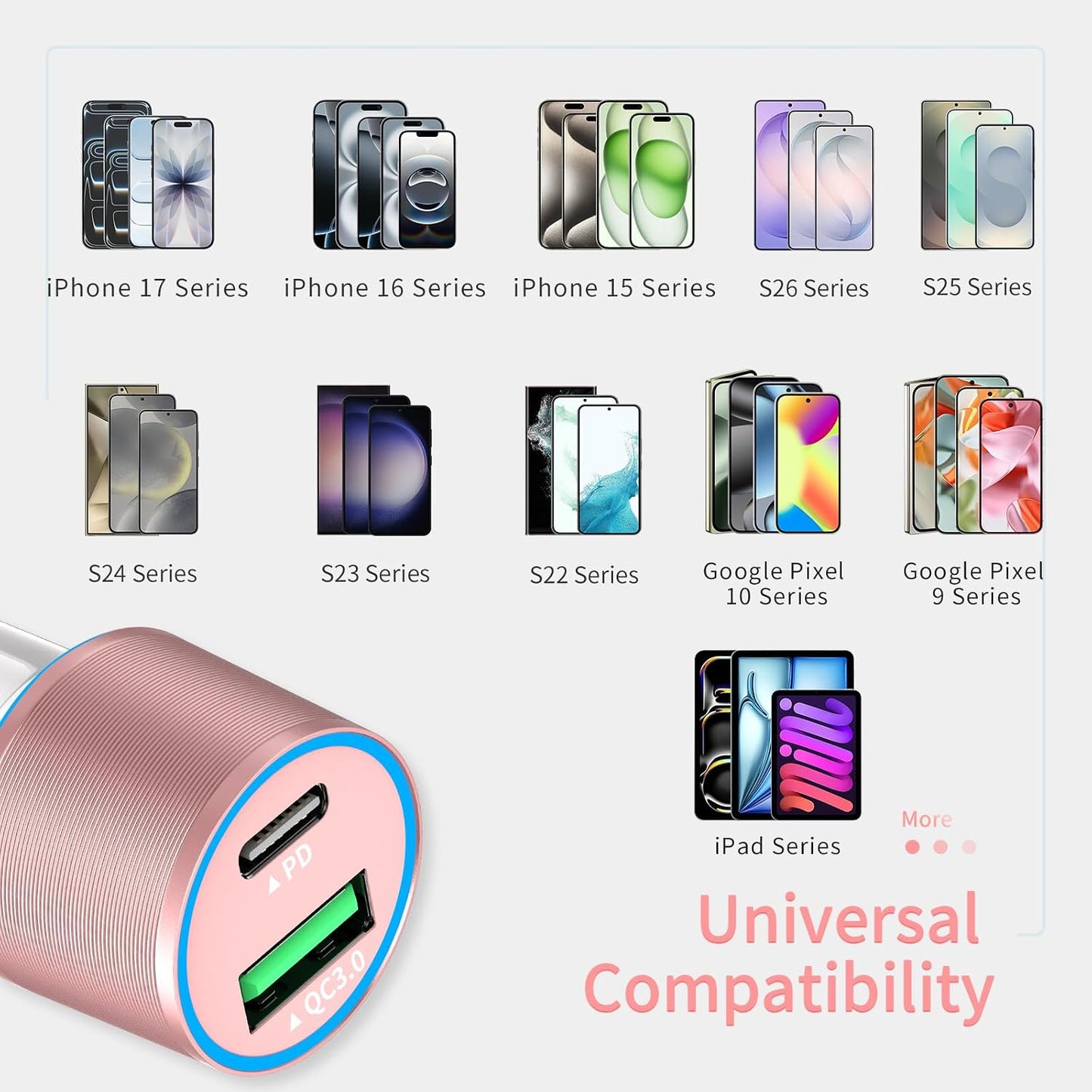 67.5W Car Charger USB C Super Fast Charging, 45W USBC & QC3.0 Port Plug for iPhone 17 Pro Max/Air/16/15/iPad, Samsung S26/S25 Android Cell Phone, Dual 12V Cigarette Lighter Adapter+ 3.3ft Type C Cable