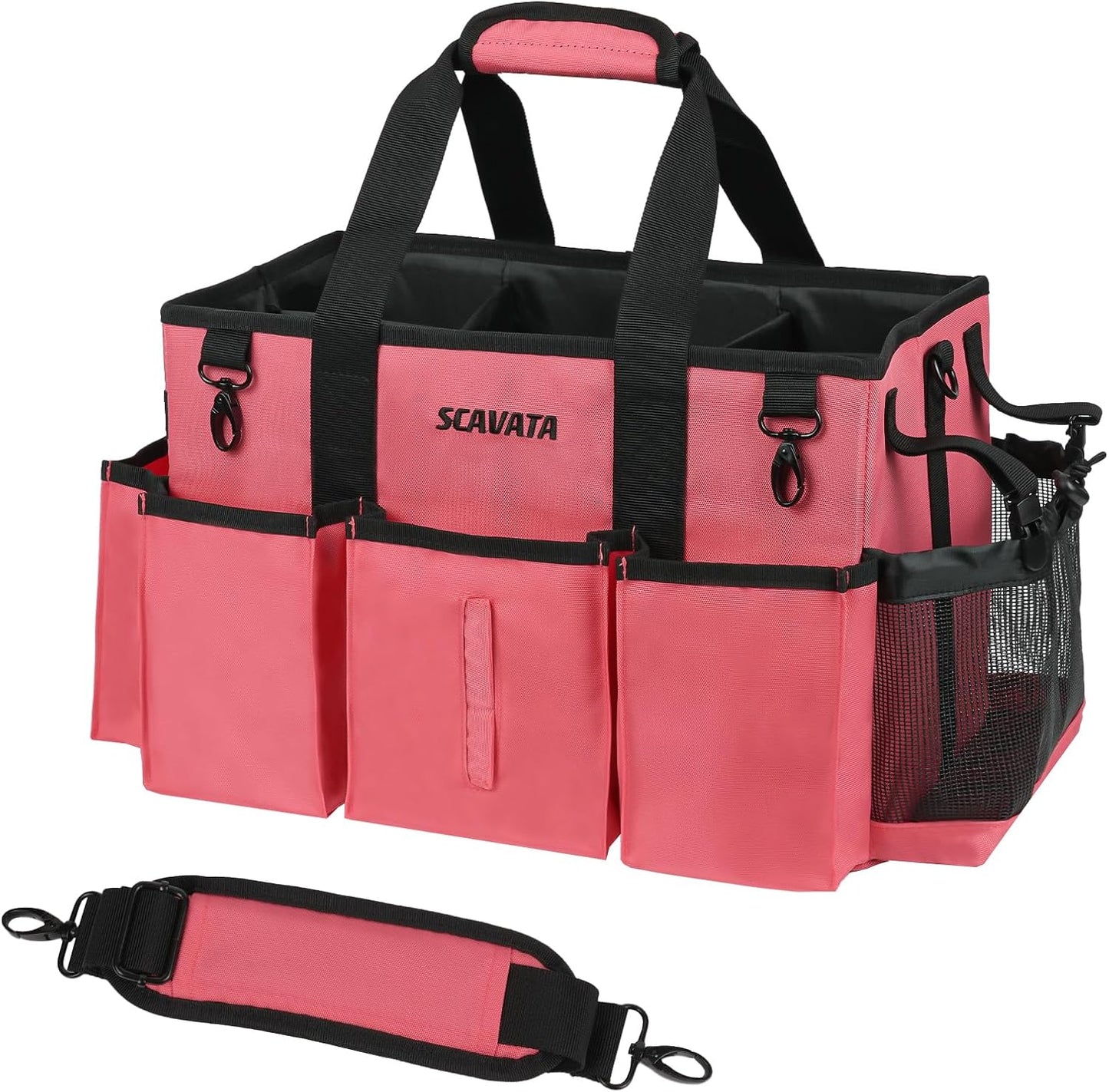 SCAVATA Wearable Cleaning Caddy Bag, Supplies Organizer with Handle & Shoulder Straps for Housekeepers, Under Sink & Car Cleaning Tool Organizer with 4 Foldable Dividers (Black)