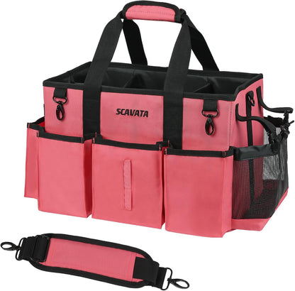 SCAVATA Wearable Cleaning Caddy Bag, Supplies Organizer with Handle & Shoulder Straps for Housekeepers, Under Sink & Car Cleaning Tool Organizer with 4 Foldable Dividers (Black)