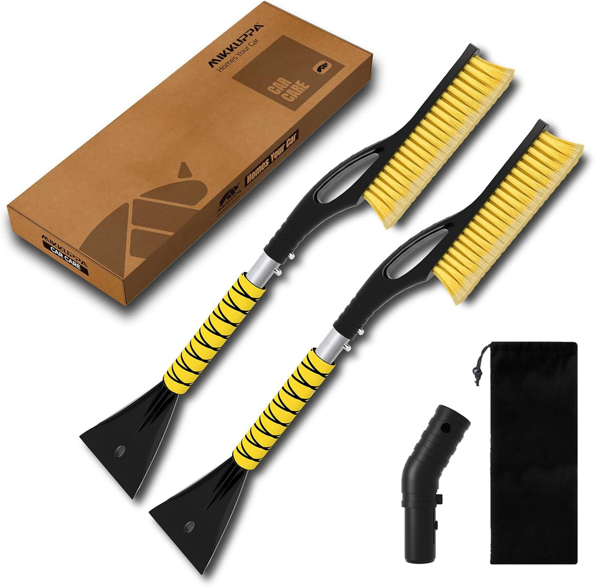 MIKKUPPA 27'' Snow Brush and Ice Scrapers for Car Windshield - Detachable Windshield Scraper, Snow Removal Tool with Curved Connector & Ergonomic Foam Grip for Cars, Trucks, SUVs (Yellow)