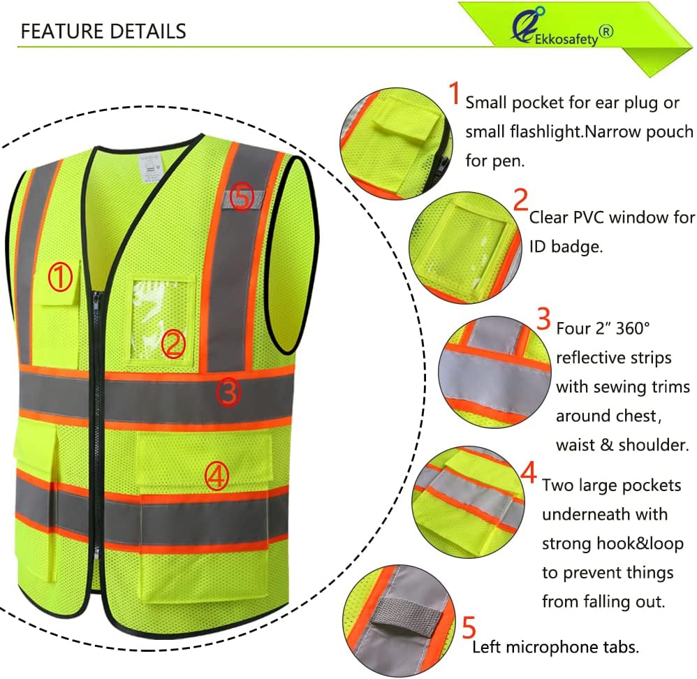 Reflective Mesh Safety Vest for Men Women with 5 Pockets and Zipper Front High Visibility Mesh Vest Hi Vis Construction Work Vest,Meets ANSI/ISEA Standards(EK175-Yellow-L)