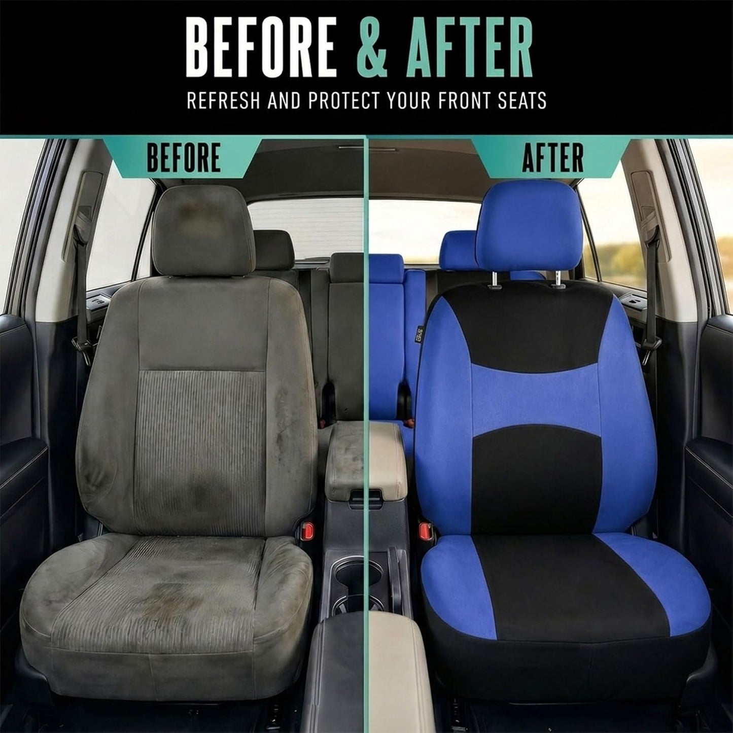 FH Group Full Set Cloth Car Seat Covers, Universal Fit Front and Split Bench Rear, Airbag Compatible, Washable for SUV, Sedan, Van - Black