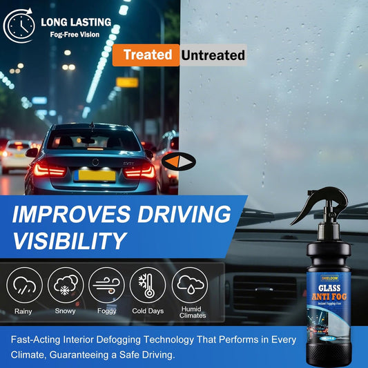 SHIELDOM Anti-Fog Spray for Glass Car Windshield Defogger Prevents Fogging of Interior Glass, Mirrors, Windows, Shower Door with Defogging & Cleaning Sponge, Towel 4oz/120ml