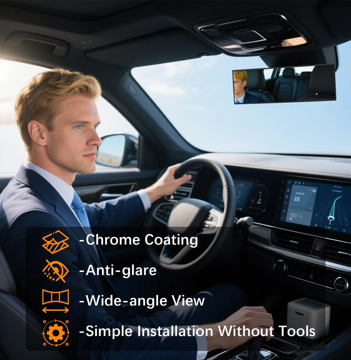 Rear View Mirror, Chrome Anti-glare Panoramic Rear Mirrors Universal 10 Inch Convex Car Interior Clip on Extra Big Wide Angle Rearview Mirror Extender to Reduce Blind Spot for Car SUV