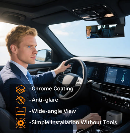 Rear View Mirror, Chrome Anti-glare Panoramic Rear Mirrors Universal 10 Inch Convex Car Interior Clip on Extra Big Wide Angle Rearview Mirror Extender to Reduce Blind Spot for Car SUV