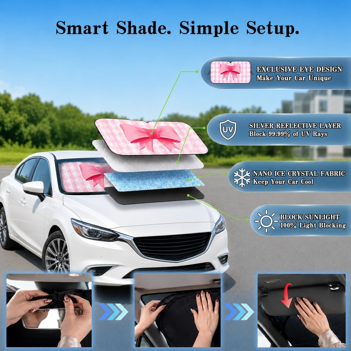 Car Windshield Sun Shade, Funny Cartoon Eyes Sun Visor for Car Windshield Universal Fits Sedan Compact Car Hatchback SUV, UV Heat Protection - 59 x 27.5