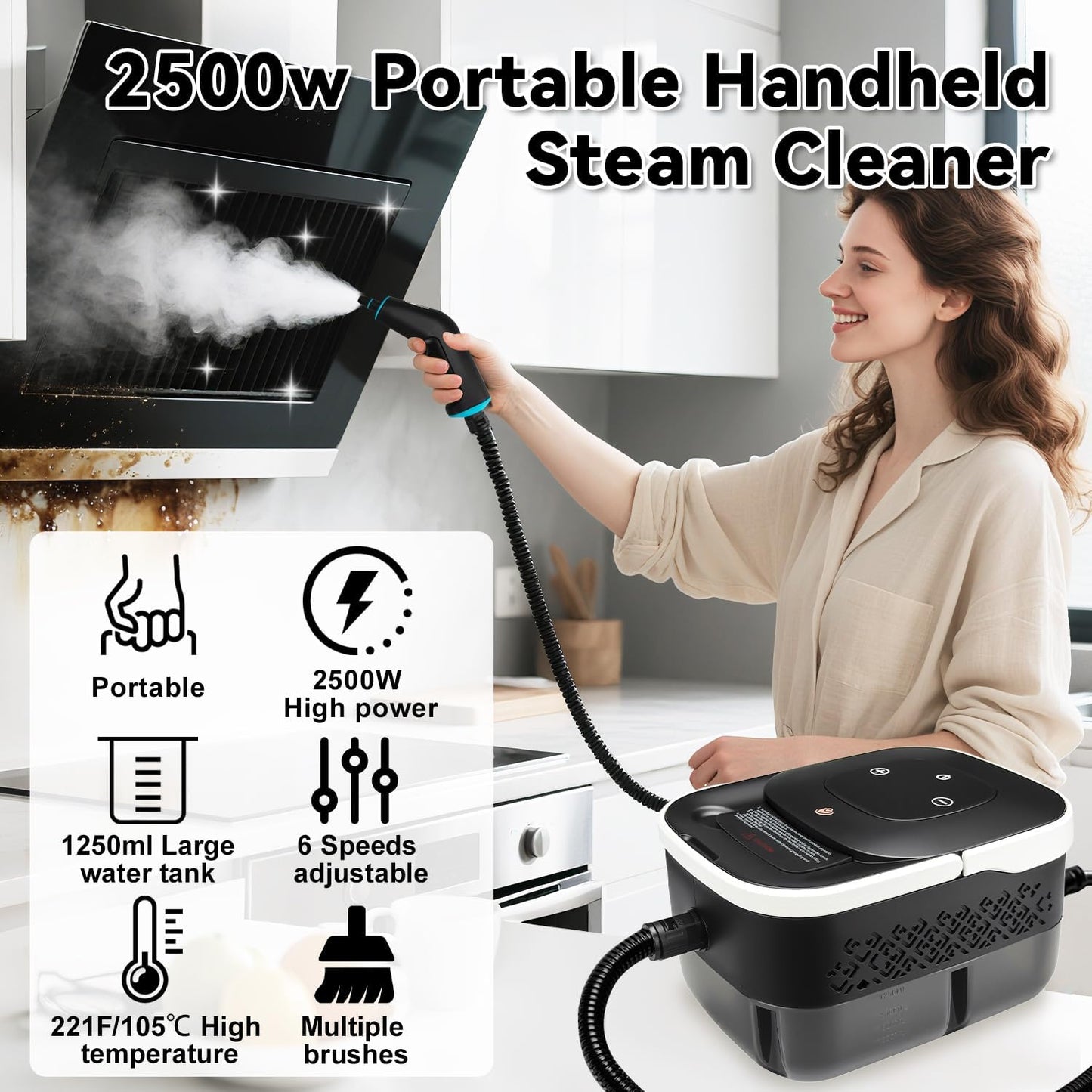 Steam Cleaner, 2500W Portable Handheld Steamer for Cleaning, Large Capacity Tank Pressurized Steam Cleaning Machine for Home, Car, Bathroom, Kitchen, Furniture, Grout, Floor, Tile
