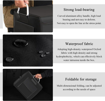 Trunk Organizer With Lid, Collapsible Waterproof Oxford Car Organizer with Aluminum Handle Base Plate, 2-Compartment 28L Sturdy Trunk Cargo Storage Organizer for RV SUV Truck (Black)