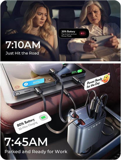LISEN Retractable Car Charger, 84W Car Charger USB C Fast Charger, Cigarette Lighter USB Charger Adapter, Car Accessories Birthday Gifts for Men Women Dad Mom Husband, for iPhone 17 16 15 14 13 12 11