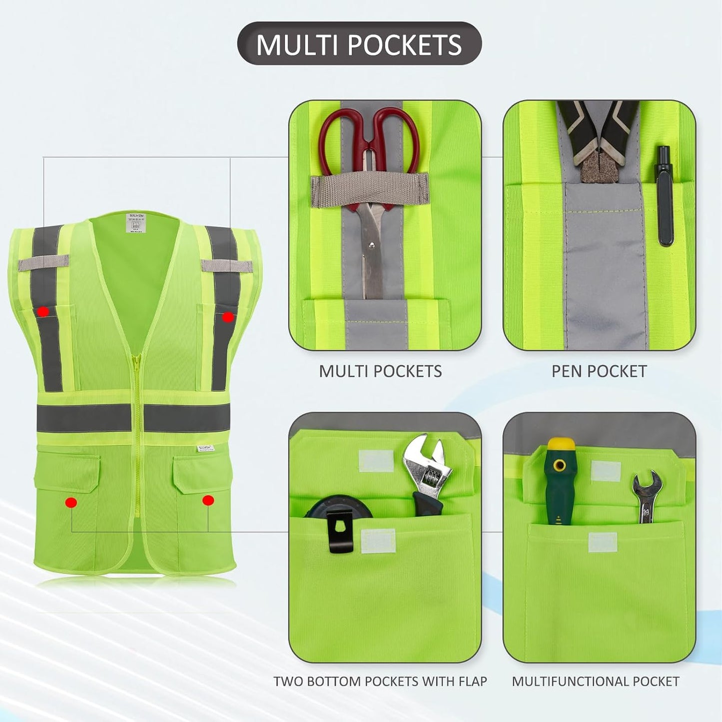 High Visibility Reflective Safety Vest with Zipper and Pockets Orange,M