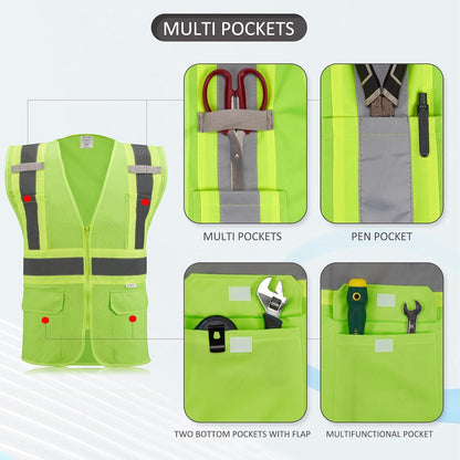 High Visibility Reflective Safety Vest with Zipper and Pockets Orange,M