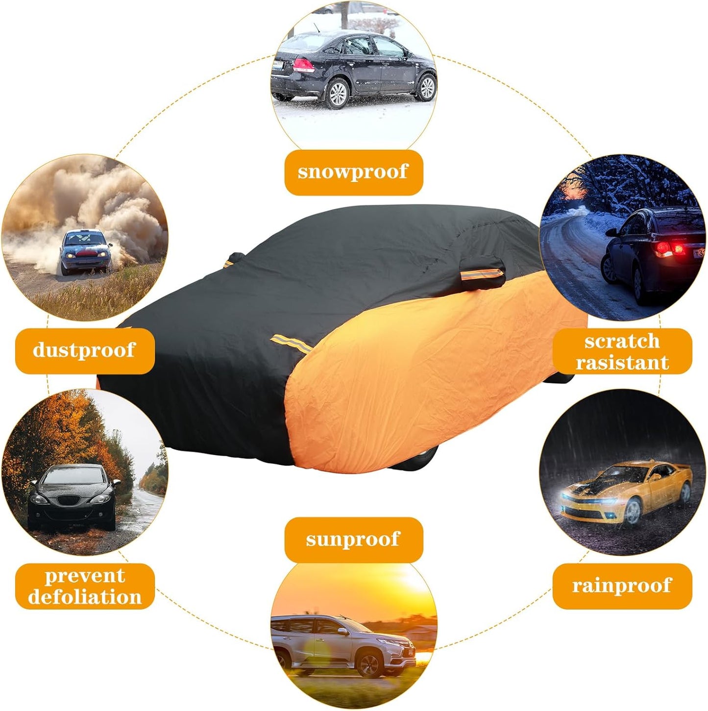 Riakrum Full Car Cover Waterproof All Weather for Automobiles Windproof Cover Rain UV Protection Sun Scratch Resistant Outdoor Universal(Fit Sedan Length (185-193'') 70'' H,Black, Orange)