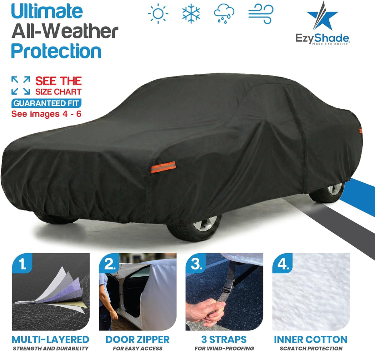 EzyShade 10-Layer Car Cover Waterproof All Weather - See Vehicle Size-Chart - Car Covers for Automobiles & Car Snow Cover - Full Exterior Covers - Winter Rain Sun SUV Sedan. Size A4 (See SizeChart)