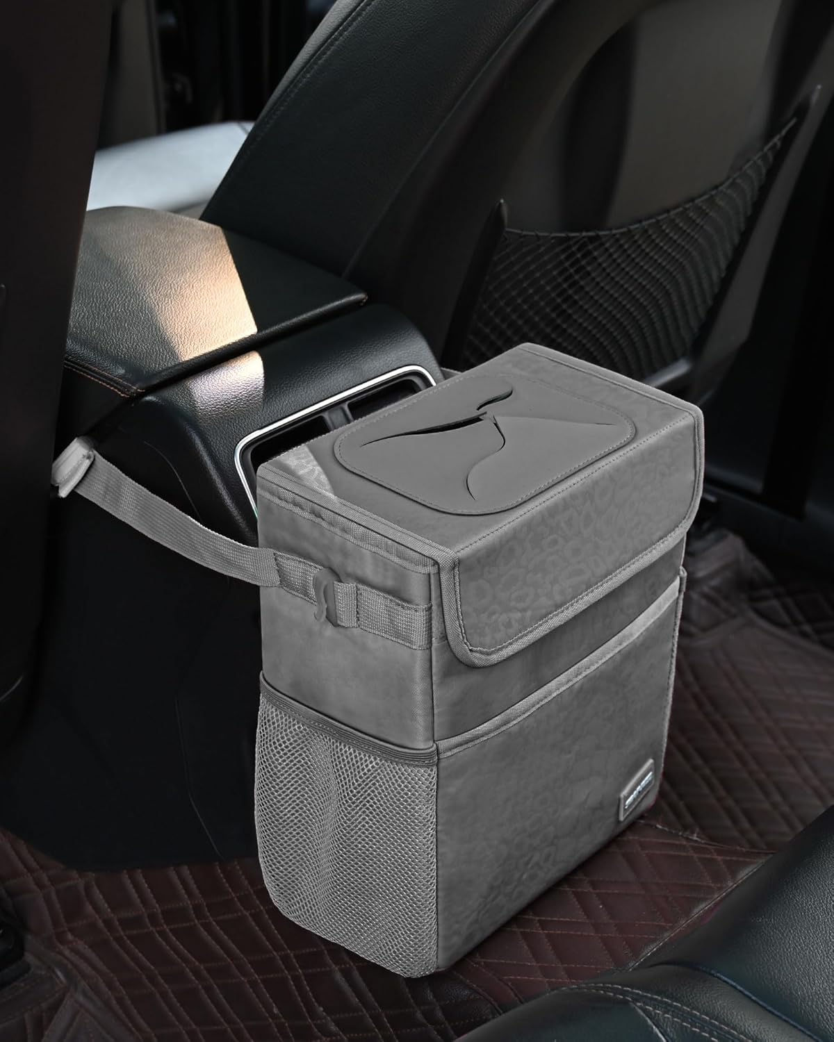 SIBOFUEGO Cute Car Trash Can with Lid – Multipurpose Collapsible Trash Bin for Car, Leak-Proof Organizer, Waterproof Garbage Can with Storage Pockets & Adjustable Straps, 2 Gallons (Black Leopard)