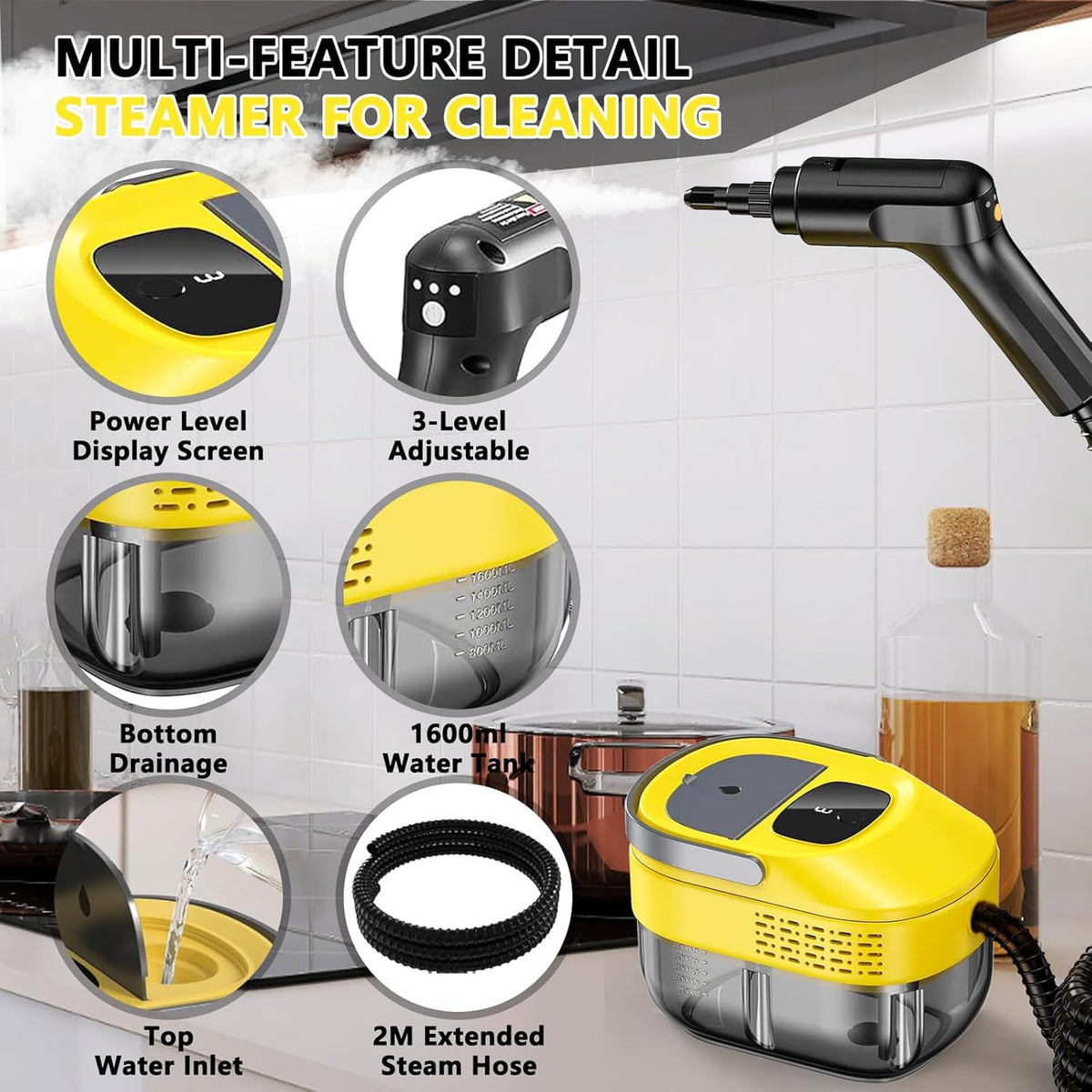 2026 New 3 Level Adjustable Pressurized Handheld Steam Cleaner for Home, 10s Heat-Up Handheld Steamer for Cleaning, 1.6 Qt Tank Portable Steam Cleaner Handheld for Car (Yellow, 1 Set)