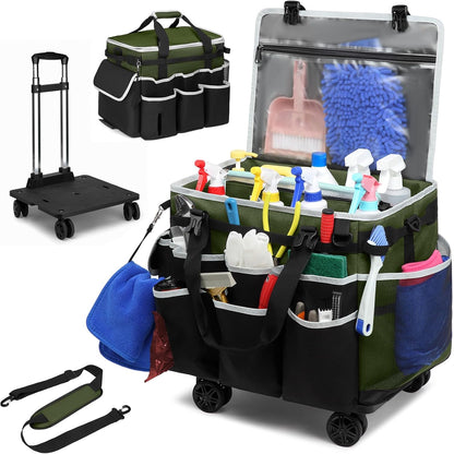 Large Rolling Cleaning Caddy Bag with Detachable Trolley, Full Support Plates for Professional Cleaning Supplies Bag, Organizer Bag with 4 Universal Wheels for Housekeepers, Car Wash