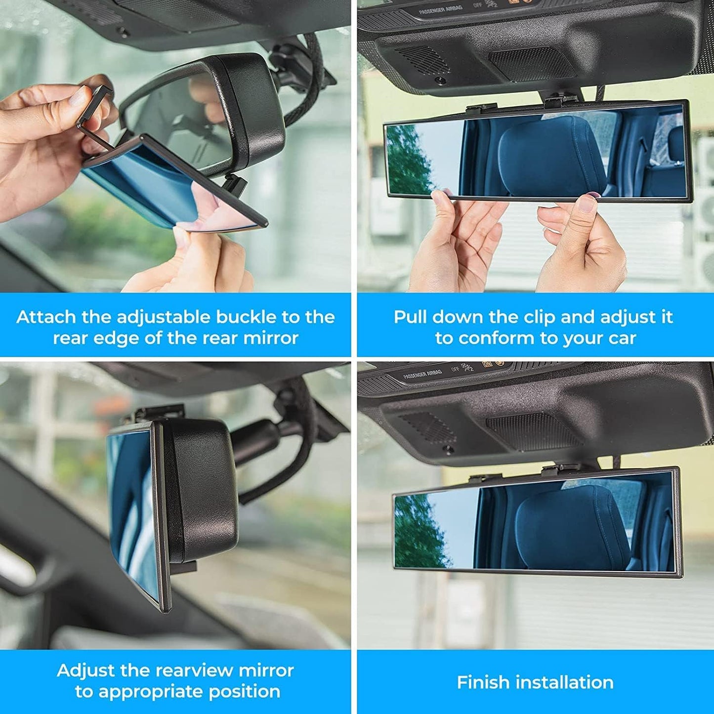 JOYTUTUS Panoramic Rear View Mirror, 12 Inch Wide Angle Clip On Mirror, Universal Car Interior Accessories, Convex Interior Mirror Reduces Blind Spot, Clear Vision Fits Car SUV Trucks