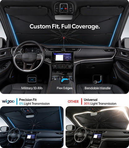 Wigoo Windshield Sun Shade Umbrella for Tesla Model Y [100% Sun Blockage, Ice Cooling Fabric] Foldable Heat Insulation Front Window Sunshade Umbrella for Tesla Model Y 2020–2026 (Juniper)