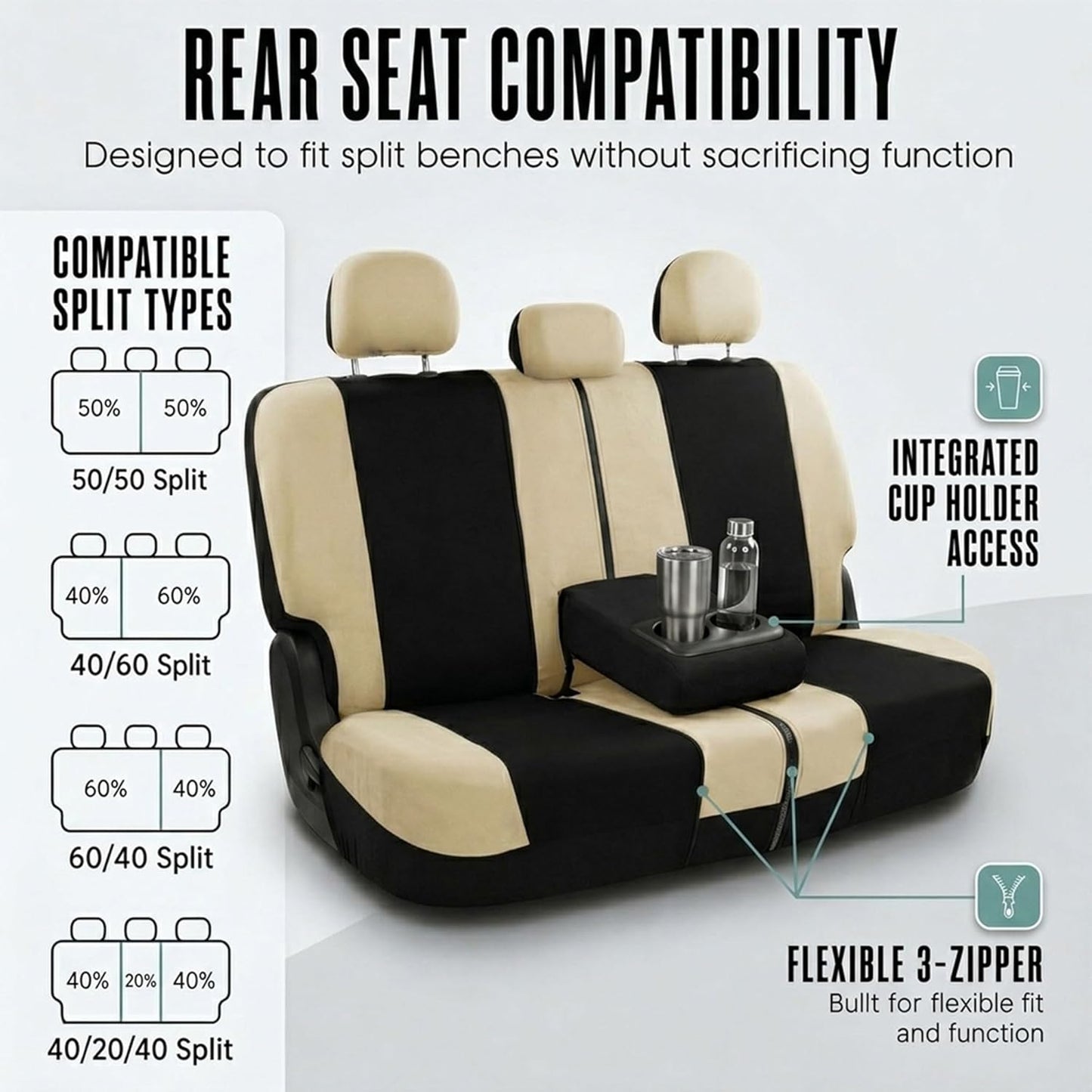 FH Group Full Set Cloth Car Seat Covers, Universal Fit Front and Split Bench Rear, Airbag Compatible, Washable for SUV, Sedan, Van - Black