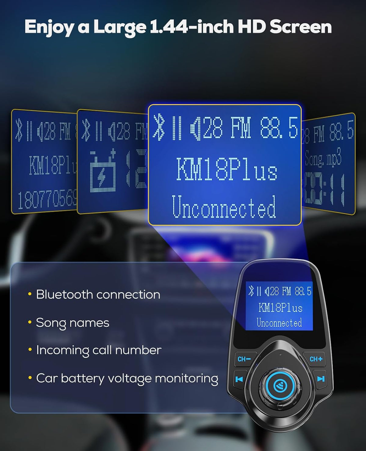 Nulaxy KM18 Plus Bluetooth 5.4 Car Adapter with 48W Fast Charging PD 30W & QC3.0 18W, 1.44" Screen Wireless Radio FM Transmitter with Flexible Gooseneck, Supports Hands-Free Call, TF Card & AUX, Black