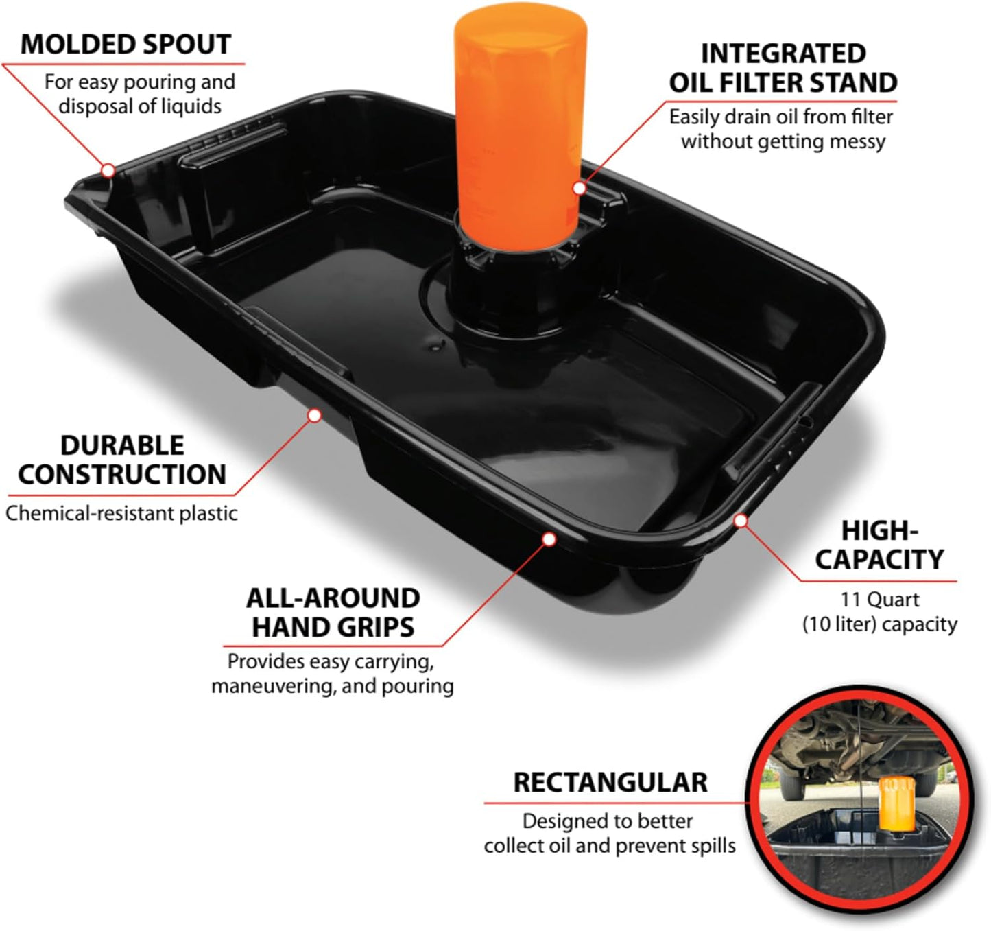 Performance Tool W4080 16-Qt. Clear View Oil Drain Container - Carrying Handle, Automotive Catch Pan, Fluid Transport Jug, Oil Change, Radiator Flush, Automotive Repair - White