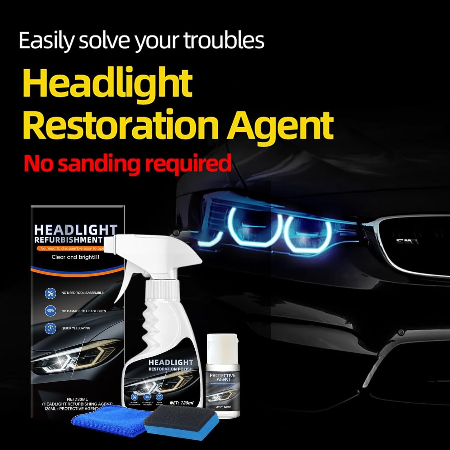 10X Brighter Headlight Restoration Kit - Pro Grade Headlight Cleaner & Sealant, Fixes Yellowed Cloudy Lenses to Crystal Clear in 5 Mins, Car Accessories Car Cleaning Supplies for Night Driving Safety