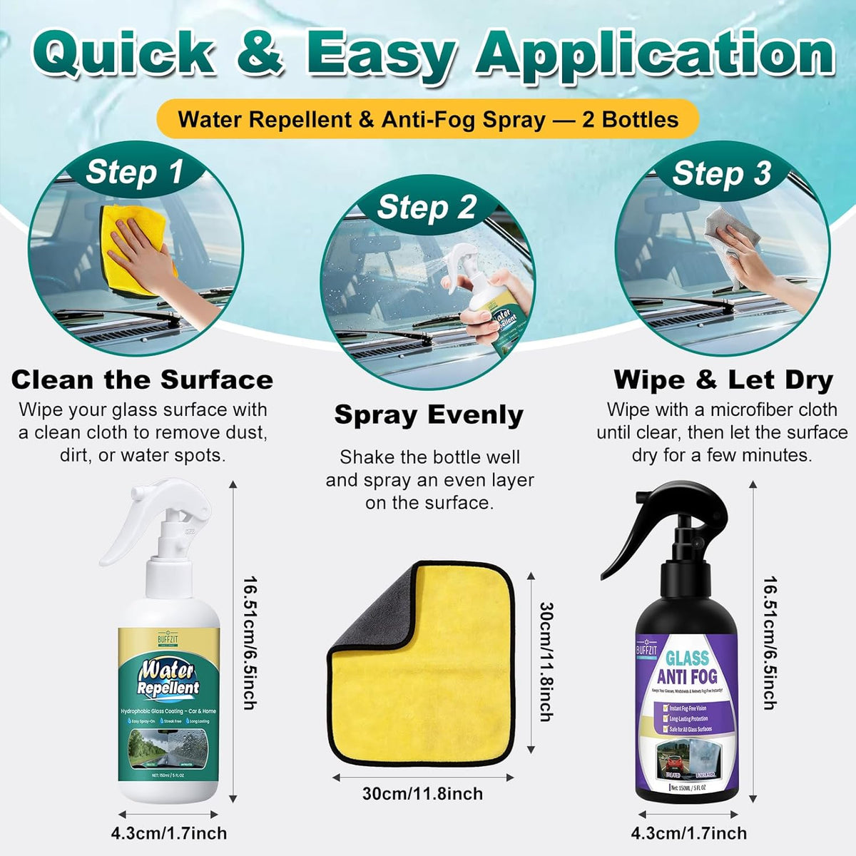 Anti-Fog and Rain-Repellent Spray Kit – Fast-Acting Defogger and Waterproof Spray for Clear Vision, Easy Spray for Car Windshields, Windows, Mirrors, Glasses, Goggles and Helmets (2-Pack)