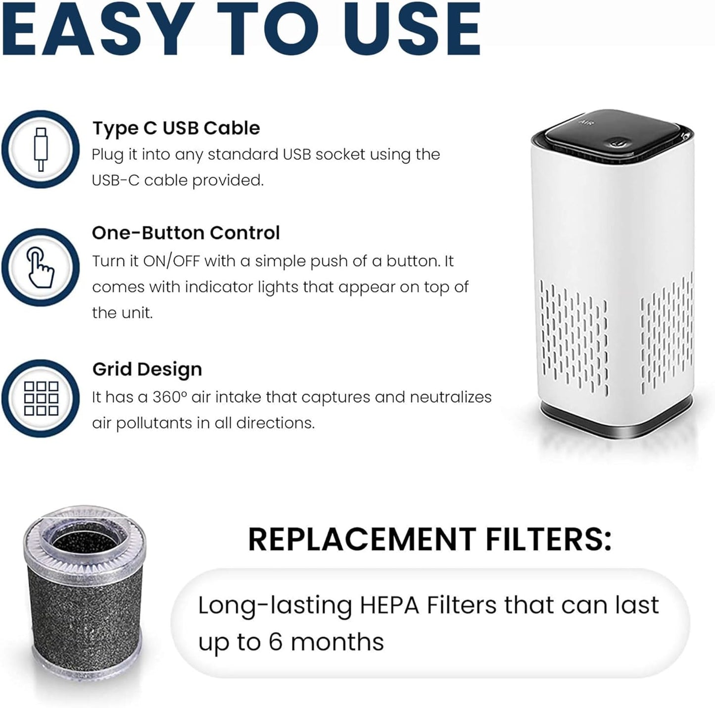 A1 2021 Mini HEPA USB-C Powered Air Purifier. Ultra Portable (5.2in tall, 6.7 ounces), Ultra Quiet. for Travel, In-Car and Desktop (White)