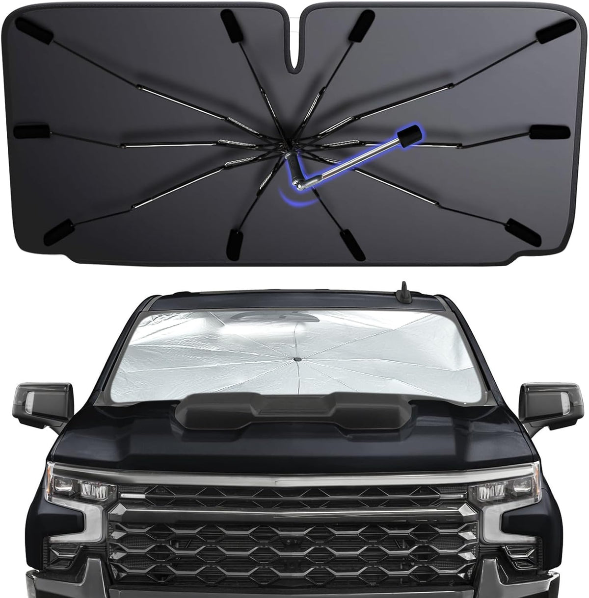 2026 Windshield Sun Shade Umbrella, Foldable Car Umbrella Sunshade with UV Block Car Front Window (Heat Insulation Protection) for Auto Windshield Covers Blackout Trucks Cars (Large)