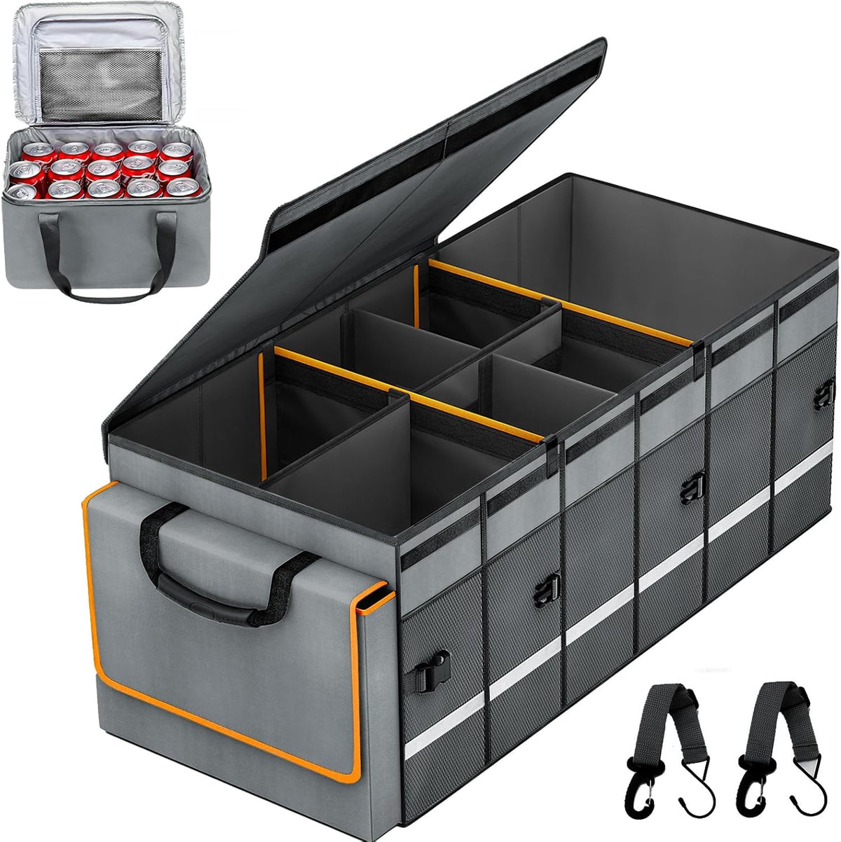 Car Trunk Organizer and Storage with Lid & Removable Leakproof Cooler Bag, Car Accessories 6 Removable Dividers for Custom Space, Collapsible Large Trunk Organizers Interior for SUV Sendan with Cover