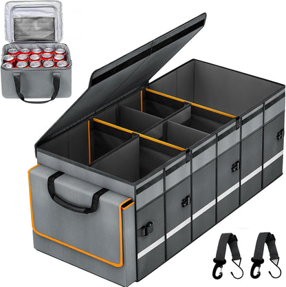 Car Trunk Organizer and Storage with Lid & Removable Leakproof Cooler Bag, Car Accessories 6 Removable Dividers for Custom Space, Collapsible Large Trunk Organizers Interior for SUV Sendan with Cover