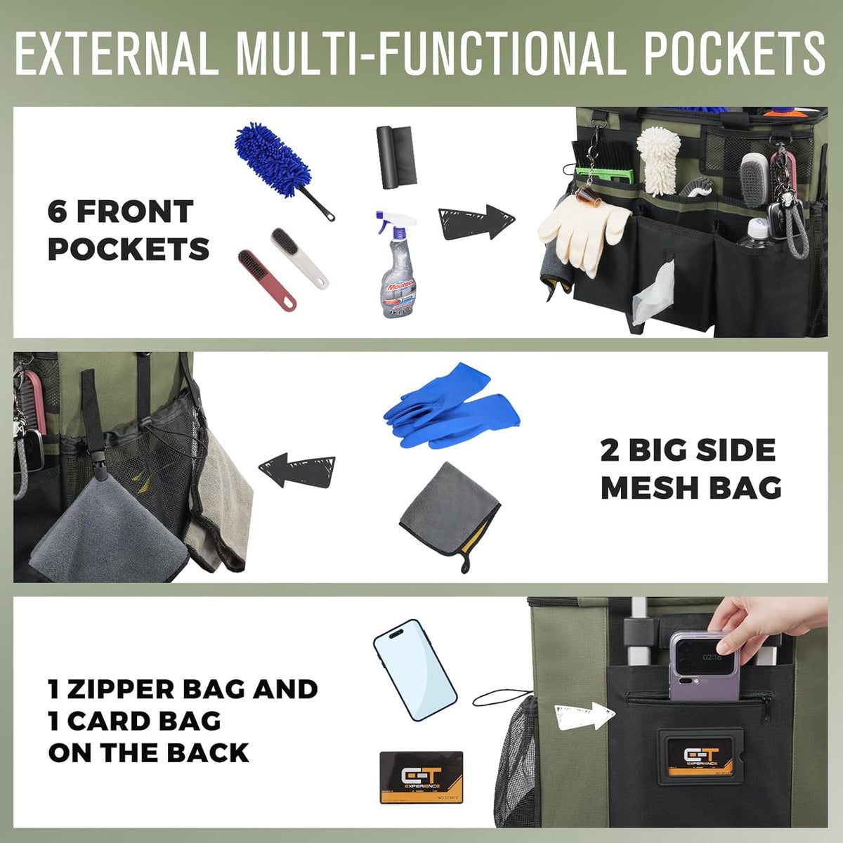 SCAVATA Rolling Cleaning Caddy Bag with Detachable Trolley, Large Cleaning Supplies Organizer with Wheels, Multi Pocket Cleaning Cart with Adjustable Shoulder Strap for Housekeepers & Home Use, Black