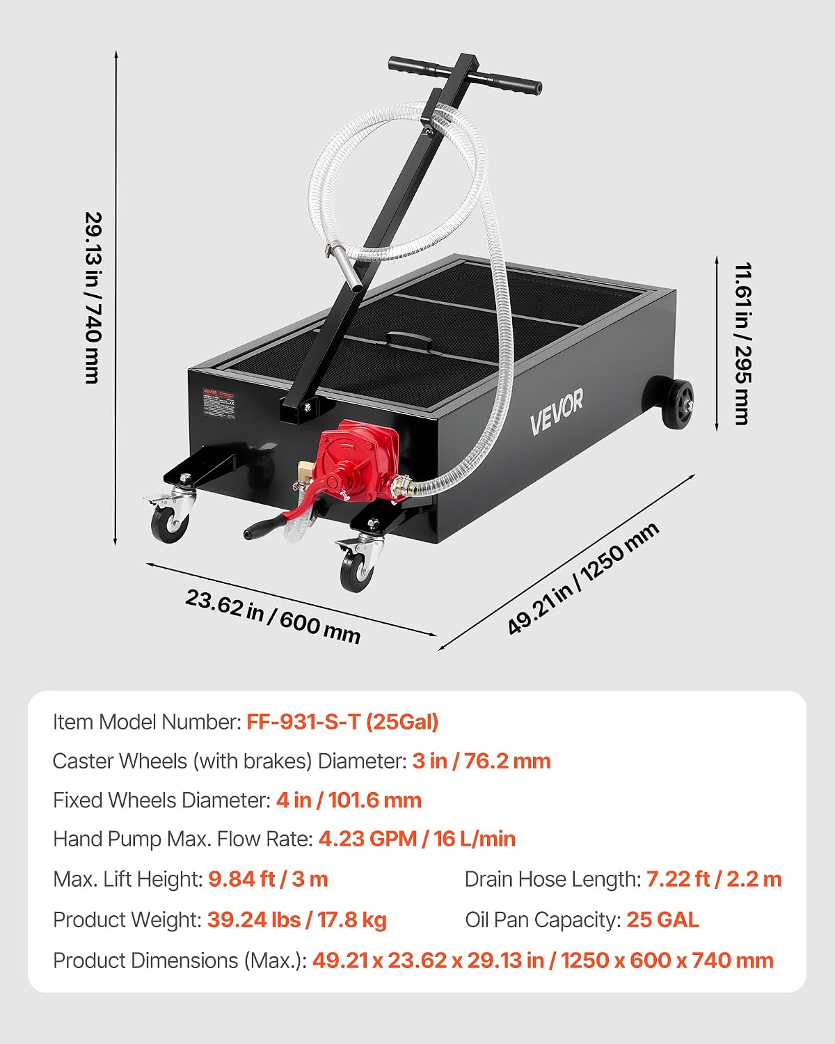 VEVOR Low Profile Oil Drain Pan, 20 Gallon Capacity, Rolling Oil Drain Pan with Manual Pump, 7.2 ft Hose & T Folding Handle, Leak-Proof & Corrosion-Resistant, Fit for Cars, SUVs, Trucks, ATVs, Red