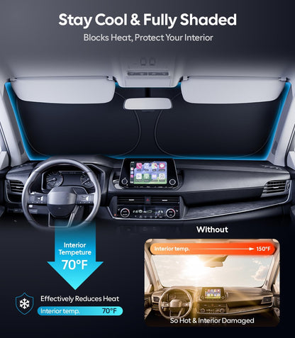 Wigoo Tesla New Model Y Accessories Windshield Sunshade [OEM Design, 100% Sun Blockage] Foldable Heat Insulation Sunshade with Storage Bag, for Model Y 2020~2026 (Juniper), Silver Coating - Colors A