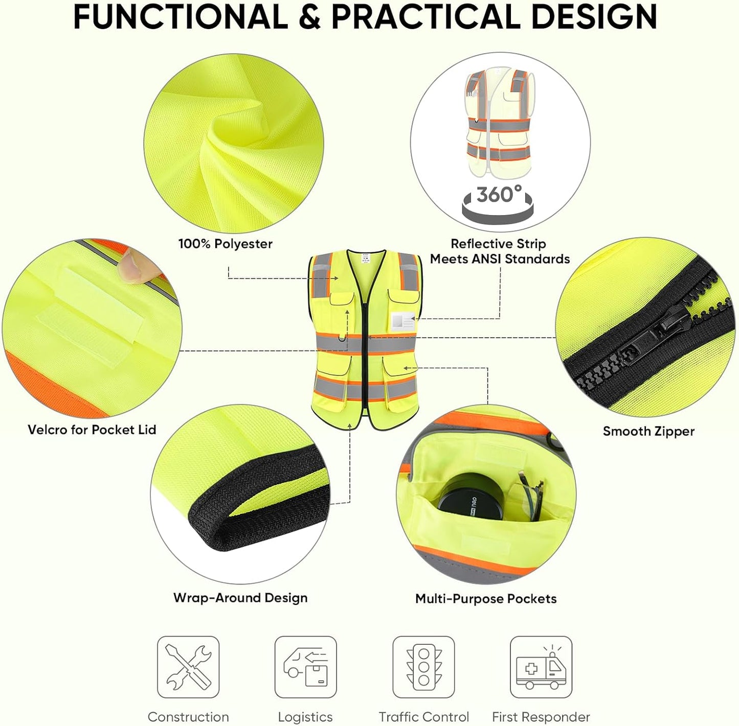 TICONN Reflective Safety Vest High Visibility Class II Mesh Vest for Women & Men Meets ANSI Standards