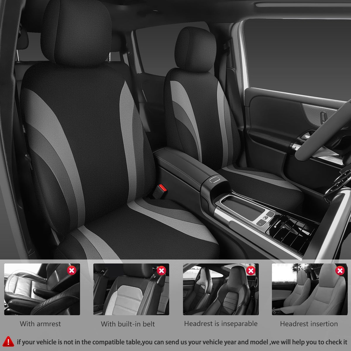 CAR PASS Line Rider Sporty Front Seat Covers,Gray Car Seat Covers Two Front Seats Only, Airbag Compatible,Universal Fit Sedans,Cars,Vans,SUV,Truck(Black and Gray)