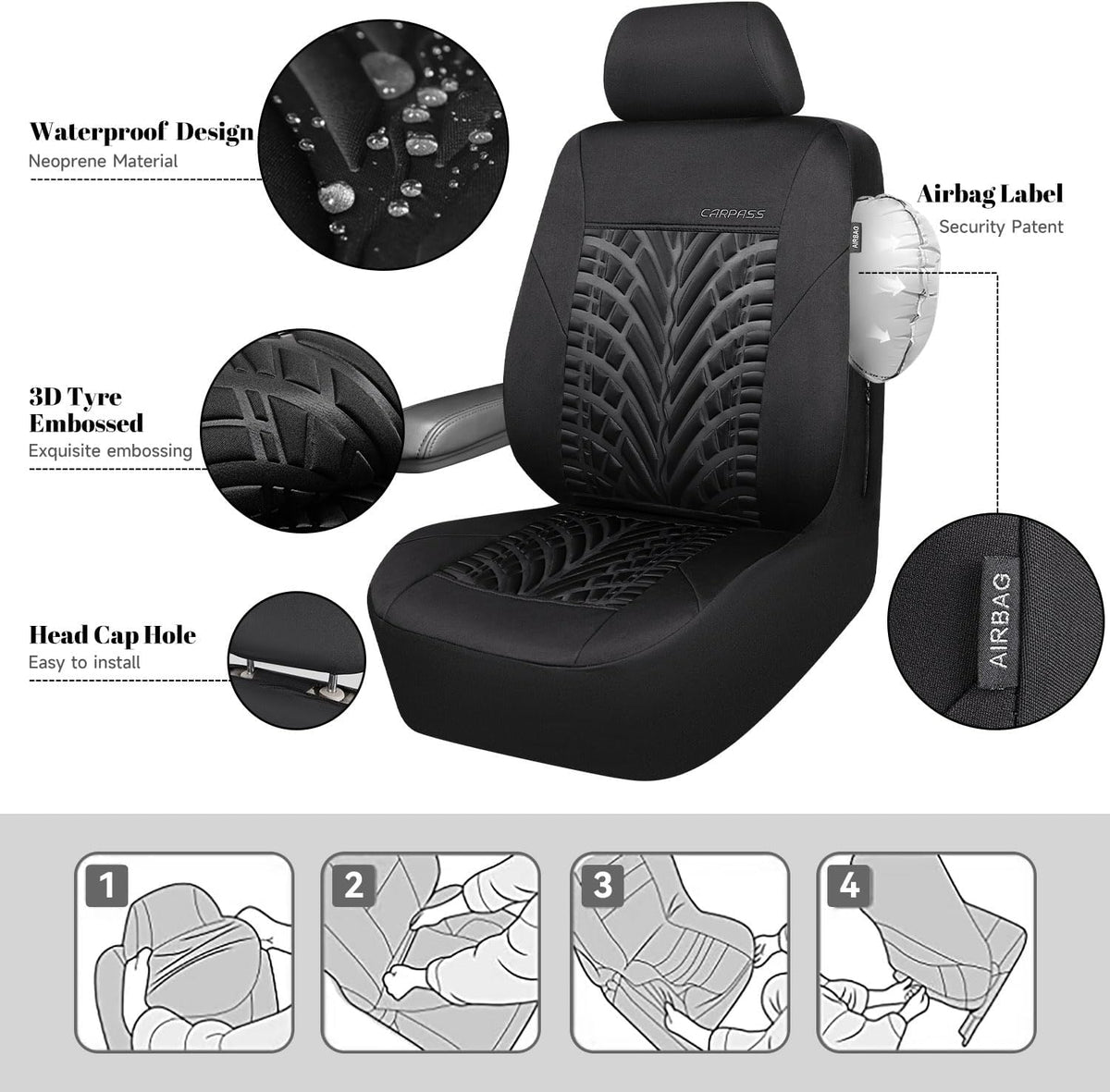 CAR PASS Car Seat Covers Full Sets, Front & Split Rear Bench for Car, 3D Tyre Embossed Automotive Interior Covers, Airbag Compatible, Quick Setup Universal Fit Seat Covers for Car, SUV(Charcoal)