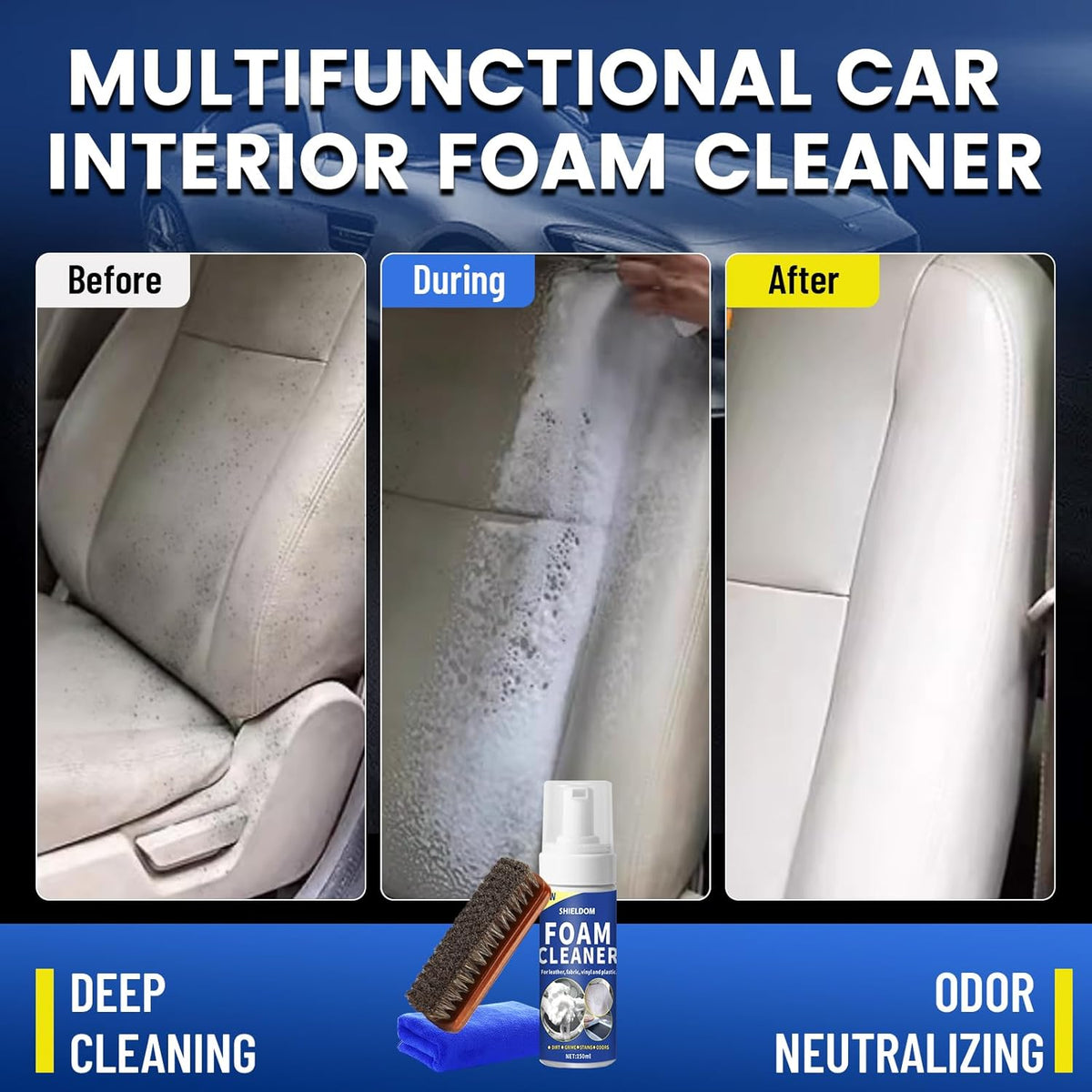 SHIELDOM Car Interior Cleaner Kit Multifunctional Car Seat Foam Cleaner Powerful Carpet Upholstery Stain Remover with Detailing Brush & Towel Safe for Cloth, Leather, Fabric, Vinyl & Plastic 5oz