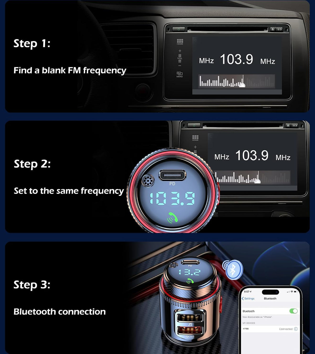 LIHAN Bluetooth 5.4 Car FM Transmitter,Wireless Radio Adapter with 48W(PD 30W USB-C & QC3.0) Fast Charging,Hands-Free Calls,HiFi Deep Bass,Siri/Google Assistant,Music Player for Cars/Trucks/Vans