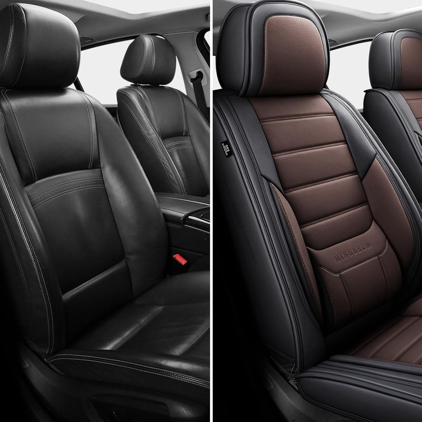 MINGBRON Car Seat Cover Full Set, Leather Car Seat Cover, Waterproof Seat Covers, Car Seat Cushion, Nappa Leather Seat Covers Car Seat Protector Universal Fit Most Cars Black