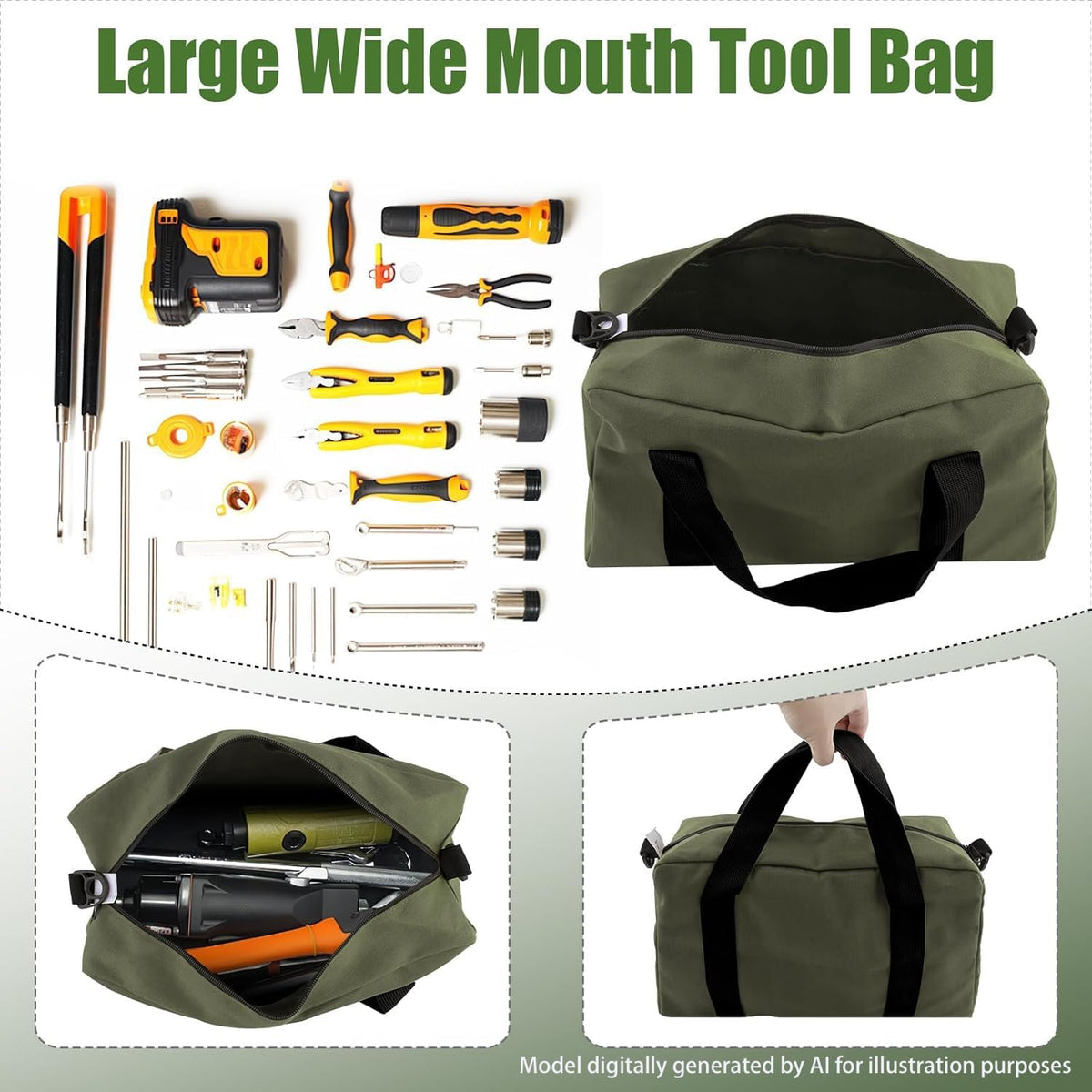 Small Tool Bag,Close Top Wide Mouth Tool Organizer Bag,Large Capacity Tool Bags for Men,Canvas Tool Storage Bag for Storage Handbag for Screwdrivers,Wrench,Pliers Hand Tools (black, 12 Inch)
