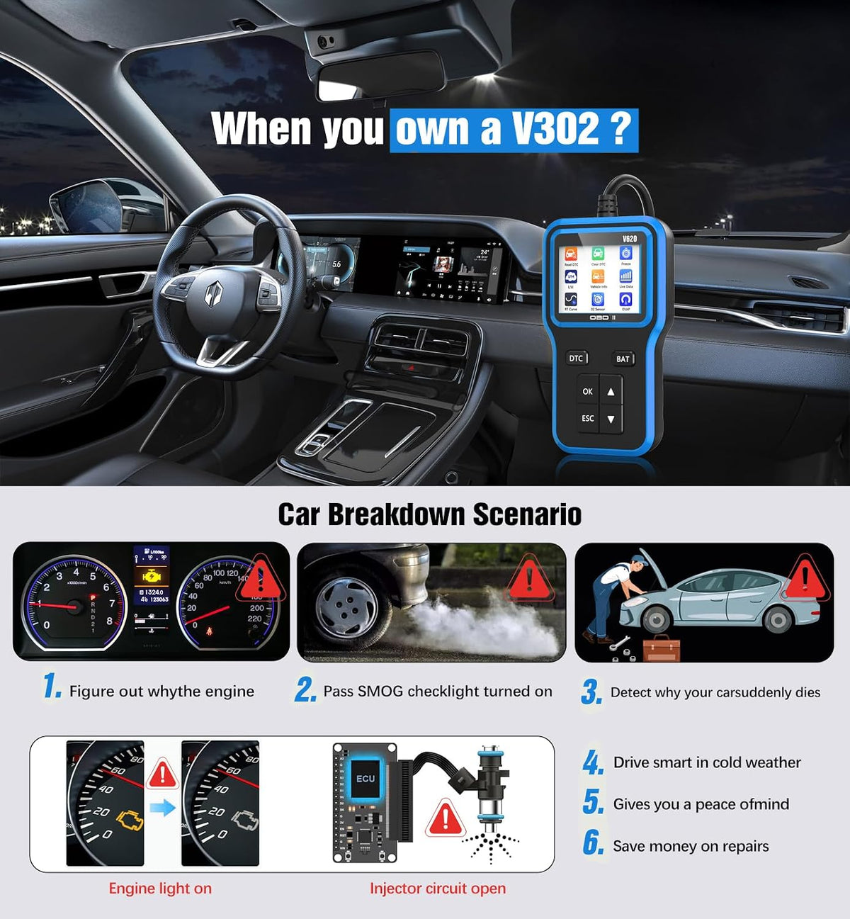 UMEIJA OBD2 Scanner with Upgrade Battery Tester - Diagnostic Tool for Cars That Check Engine Light & Emissions Readiness Read and Clears Vehicle Error Codes for All OBD II Protocol Vehicles Since 1996