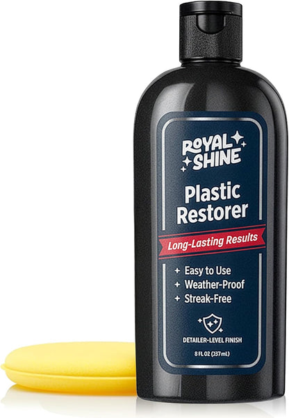 Plastic Restorer for Long-Lasting, Deep Black Results – Restores Faded Plastic, Rubber & Vinyl with UV Protection, Non-Greasy Formula + Foam Applicator, 8oz