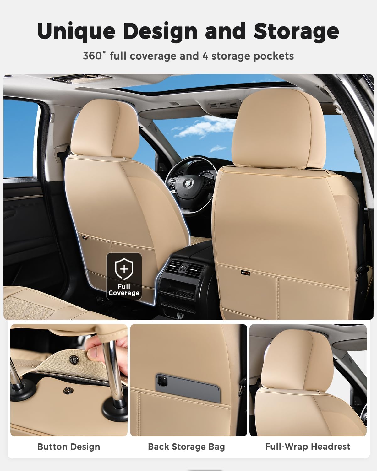 Huidasource Coffee Seat Covers Full Set, Universal Fit for Most Cars Trucks SUV, Full Coverage Leather Seat Cover, Airbag, Cupholder Compatible, Velcro Adjustable, Heaating/Cooling Function Retain