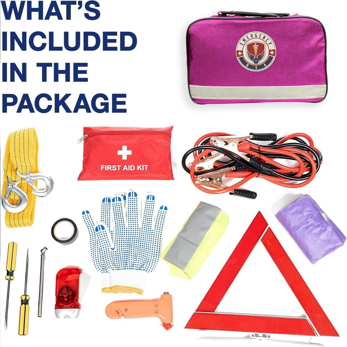 Roadside Car Emergency Kit - First Aid Set, Jumper Cables, Tow Strap, LED Flash Light, Rain Coat, Tire Pressure Gauge, Safety Vest and More (Black)