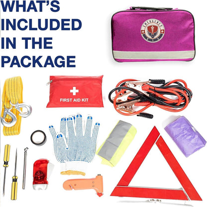 Roadside Car Emergency Kit - First Aid Set, Jumper Cables, Tow Strap, LED Flash Light, Rain Coat, Tire Pressure Gauge, Safety Vest and More (Black)